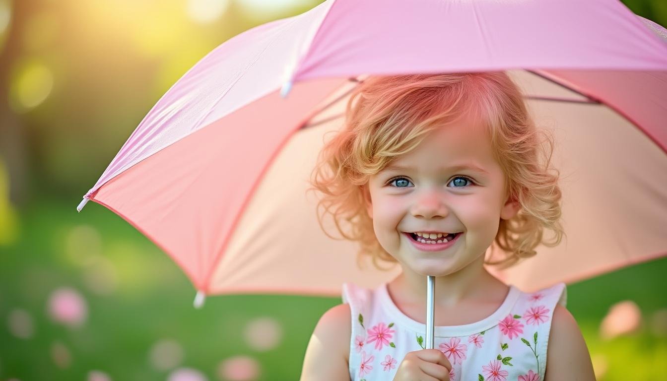 discover the heartwarming image of a cheerful blonde toddler joyfully holding a pink umbrella, radiating happiness and innocence on a rainy day.