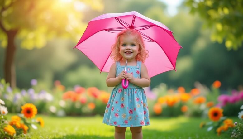 discover the adorable charm of a cheerful blonde toddler holding a bright pink umbrella. perfect for spreading smiles, this heartwarming scene captures youthful joy and playful innocence.